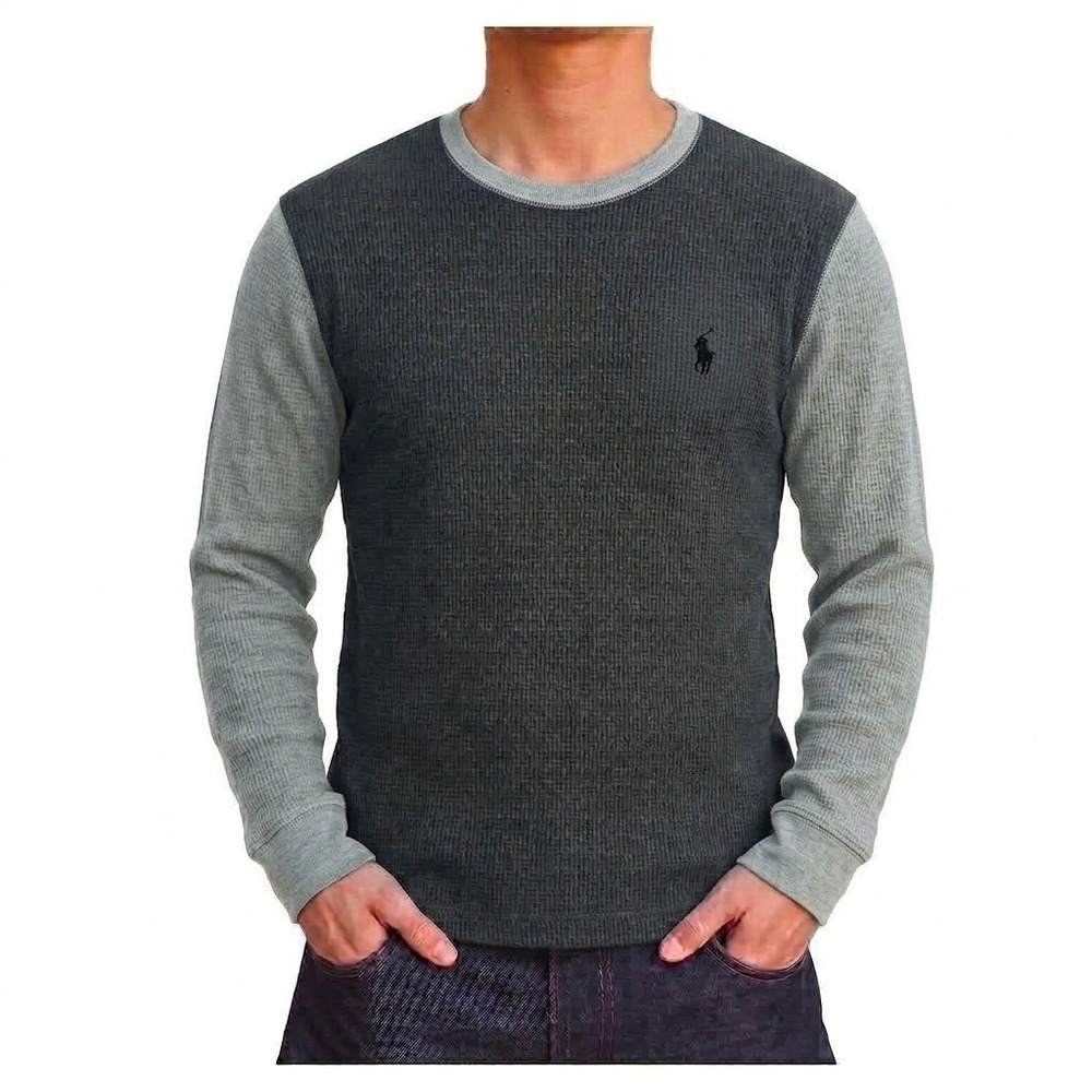 Polo Ralph Lauren Mens Grey Colorblock Waffle Knit Thermal Long Sleeve Shirt L